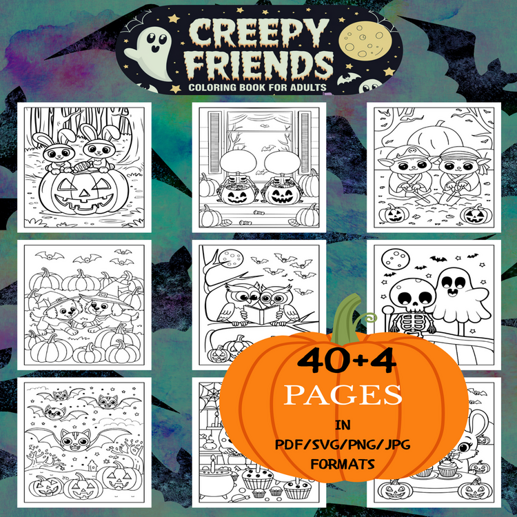 Creepy Friends Coloring Book | Printable Art Book ( 44 Pages, PDF SVG JPG PNG FORMATS)