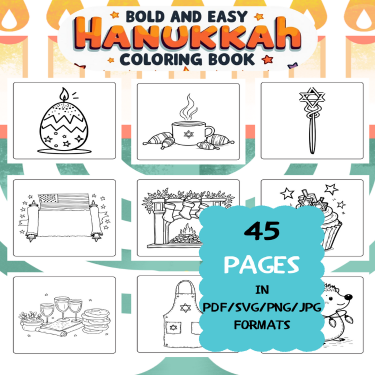 Hanukkah Coloring Book | Printable Art Book ( 45 Pages, PDF SVG JPG PNG FORMATS)