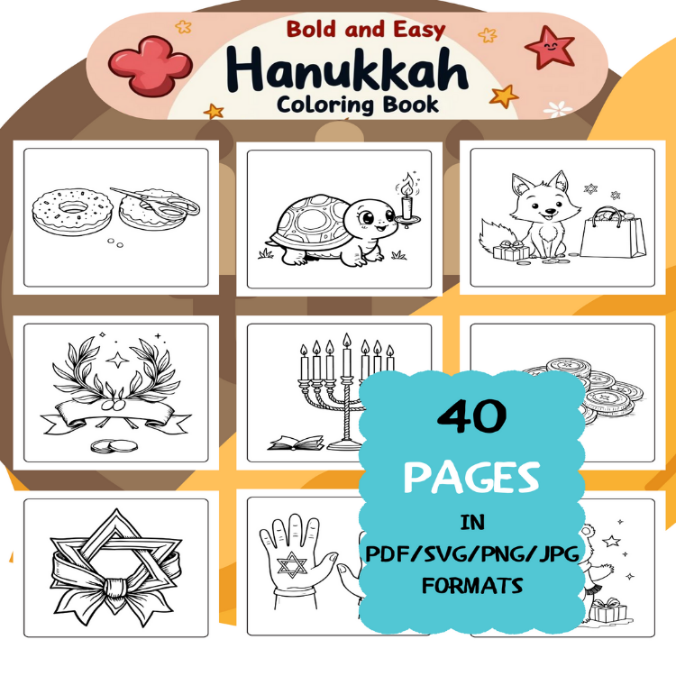 Hanukkah Coloring Book | Printable Art Book ( 40 Pages, PDF SVG JPG PNG FORMATS)
