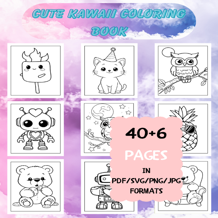 Cute Kawaii Coloring Book | Printable Art Book ( 46 Pages, PDF SVG JPG PNG FORMATS)