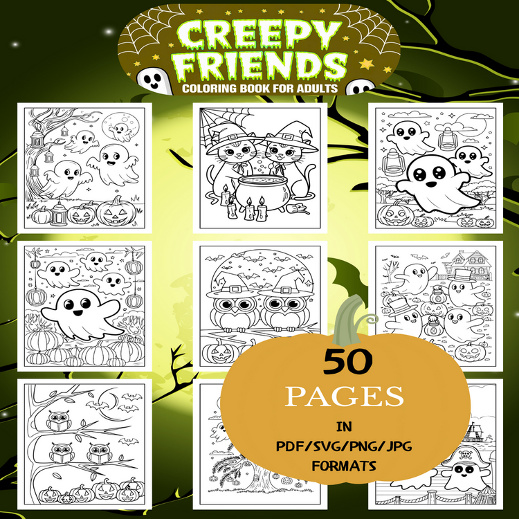Creepy Friends Coloring Book | Printable Art Book ( 50 Pages, PDF SVG JPG PNG FORMATS)