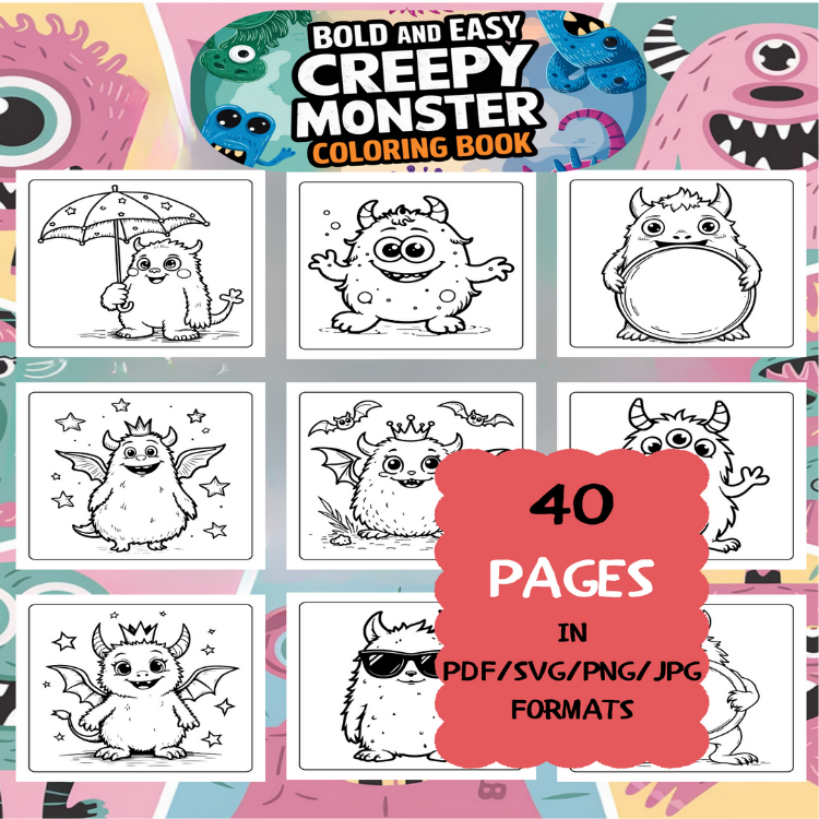 Creepy Monster Coloring Book | Printable Art Book ( 50 Pages, PDF SVG JPG PNG FORMATS)