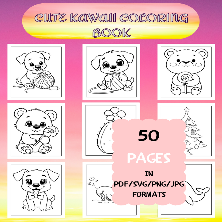 Cute Kawaii Coloring Book | Printable Art Book ( 50 Pages, PDF SVG JPG PNG FORMATS)