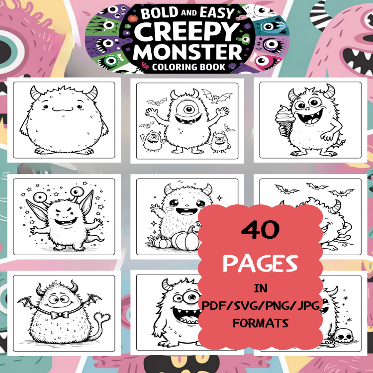 Creepy Monster Coloring Book | Printable Art Book ( 50 Pages, PDF SVG JPG PNG FORMATS)