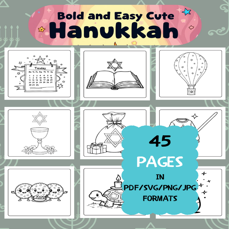 Hanukkah Coloring Book | Printable Art Book ( 45 Pages, PDF SVG JPG PNG FORMATS)