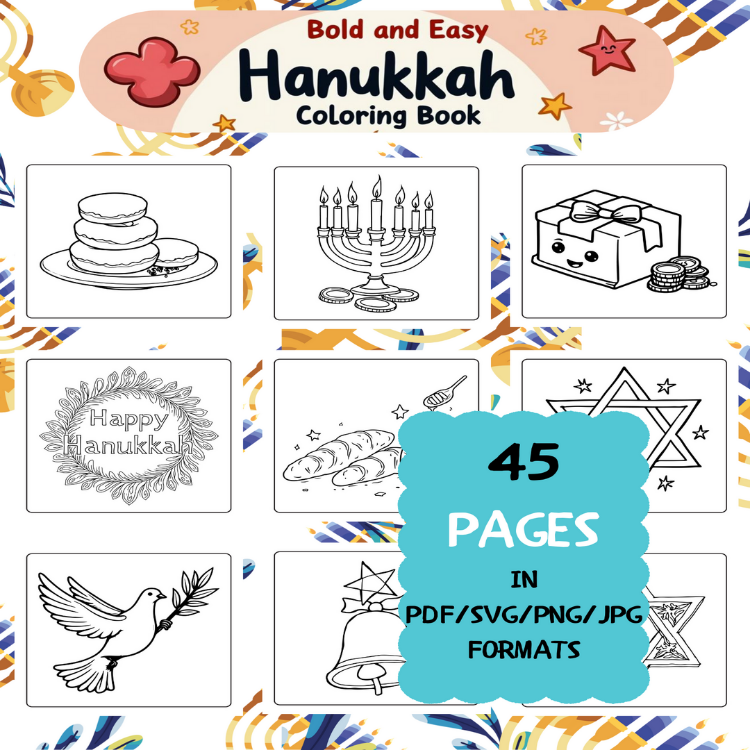 Hanukkah Coloring Book | Printable Art Book ( 45 Pages, PDF SVG JPG PNG FORMATS)