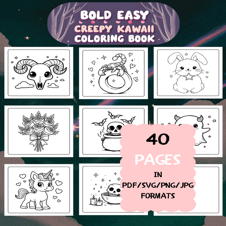 Creepy Kawaii Coloring Book | Printable Art Book ( 40 Pages, PDF SVG JPG PNG FORMATS)