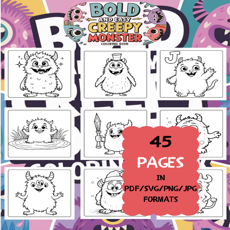 Creepy Monster Coloring Book | Printable Art Book ( 50 Pages, PDF SVG JPG PNG FORMATS)