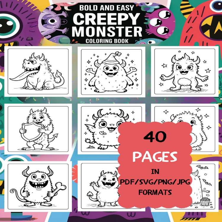 Creepy Monster Coloring Book | Printable Art Book ( 50 Pages, PDF SVG JPG PNG FORMATS)