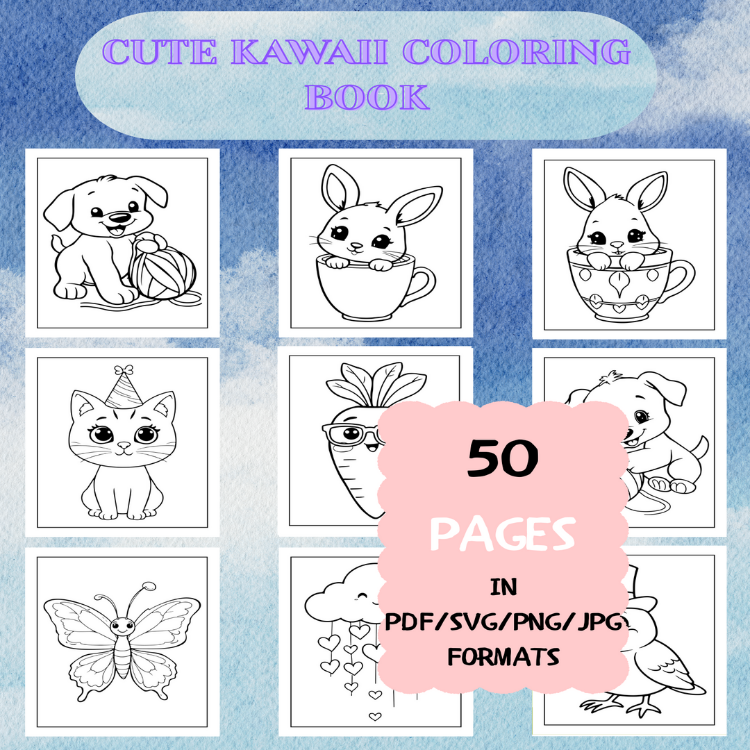 Cute Kawaii Coloring Book | Printable Art Book ( 50 Pages, PDF SVG JPG PNG FORMATS)