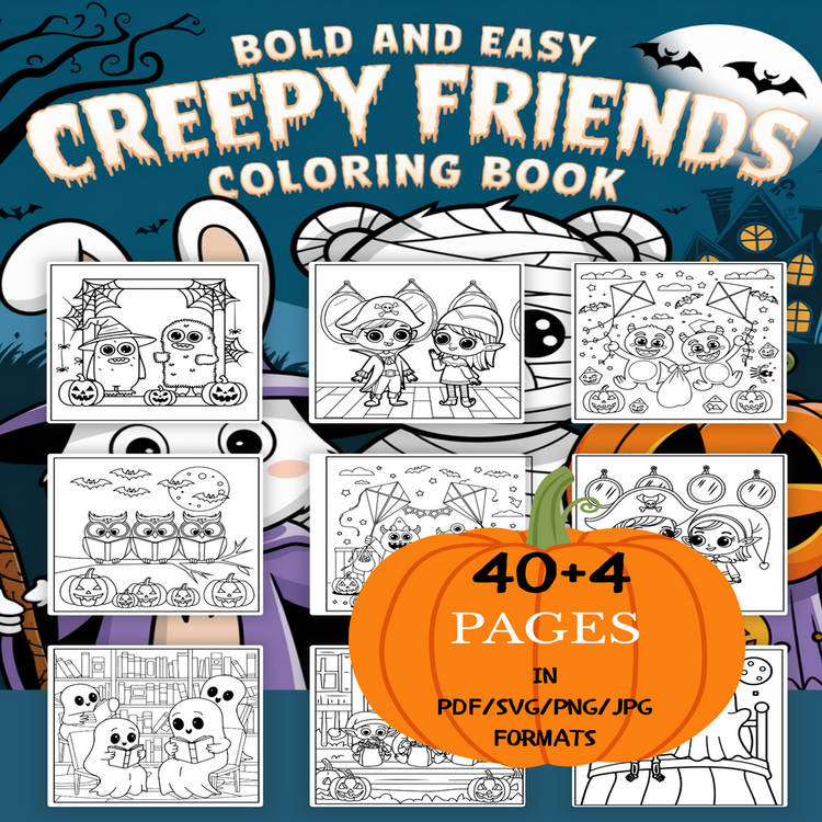 Creepy Friends Coloring Book | Printable Art Book ( 44 Pages, PDF SVG JPG PNG FORMATS)