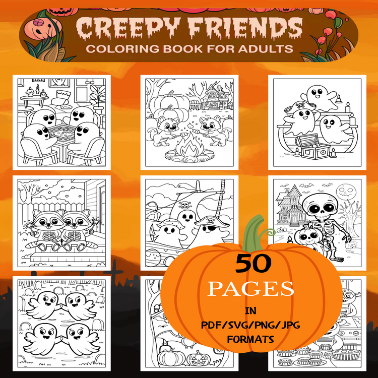 Creepy Friends Coloring Book | Printable Art Book ( 50 Pages, PDF SVG JPG PNG FORMATS)