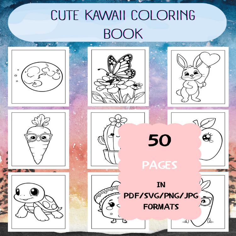 Cute Kawaii Coloring Book | Printable Art Book ( 50 Pages, PDF SVG JPG PNG FORMATS)