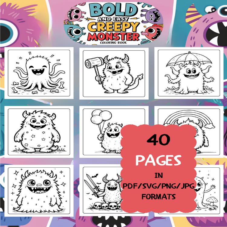 Creepy Monster Coloring Book | Printable Art Book ( 50 Pages, PDF SVG JPG PNG FORMATS)