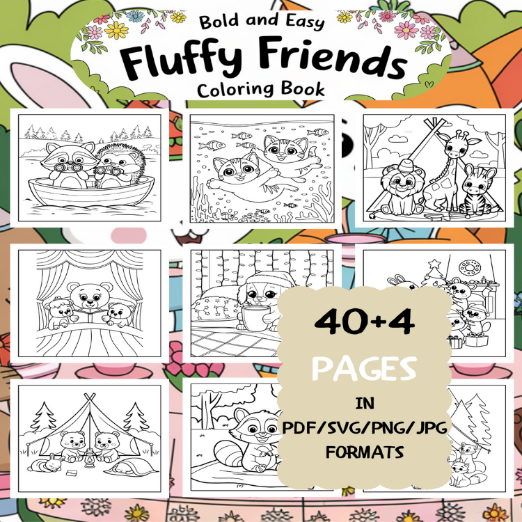 Fun Fluffy Friends Coloring Book | Printable Art Book ( 44 Pages, PDF SVG JPG PNG FORMATS)