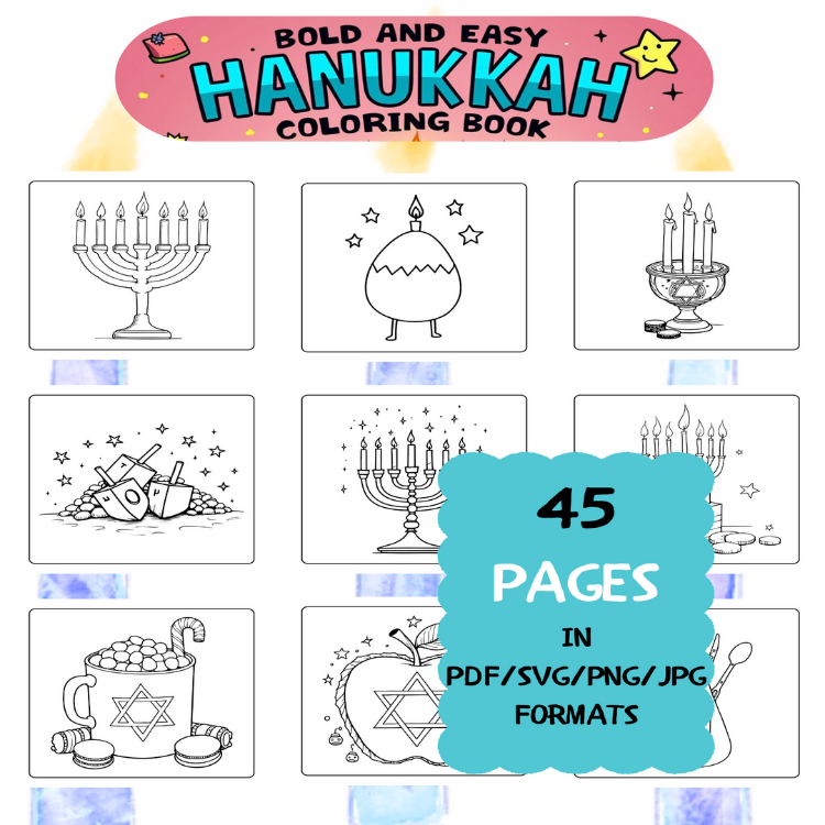 Hanukkah Coloring Book | Printable Art Book ( 45 Pages, PDF SVG JPG PNG FORMATS)