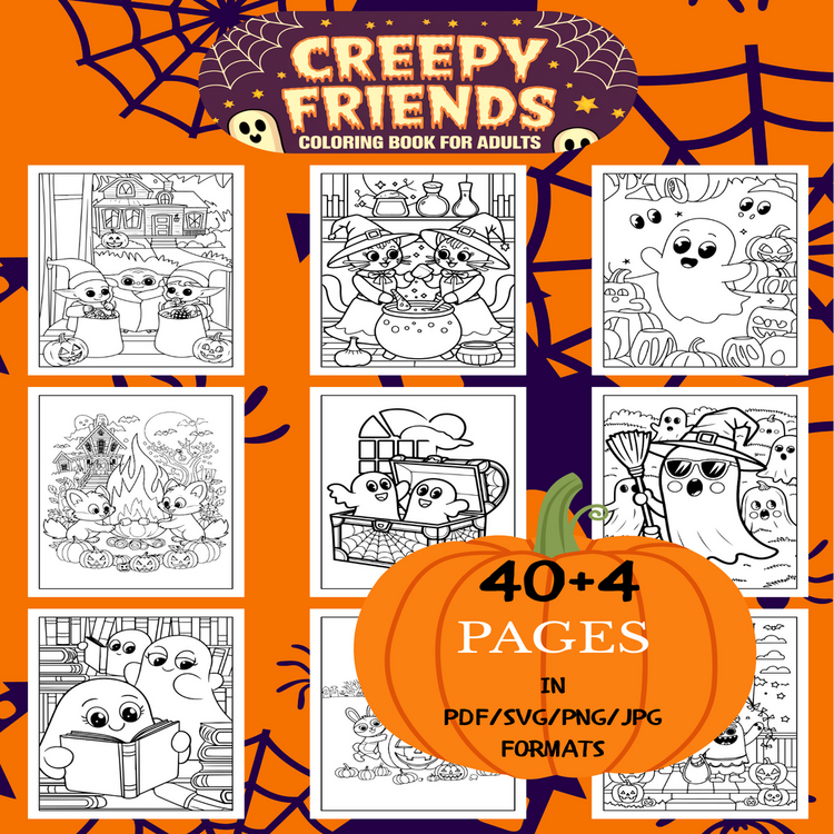 Creepy Friends Coloring Book | Printable Art Book ( 44 Pages, PDF SVG JPG PNG FORMATS)