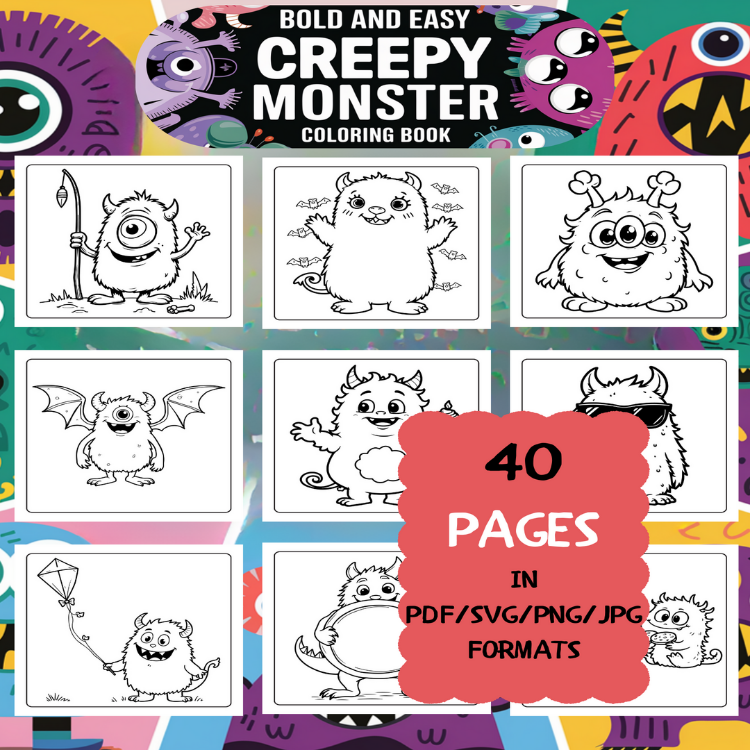 Creepy Monster Coloring Book | Printable Art Book ( 50 Pages, PDF SVG JPG PNG FORMATS)