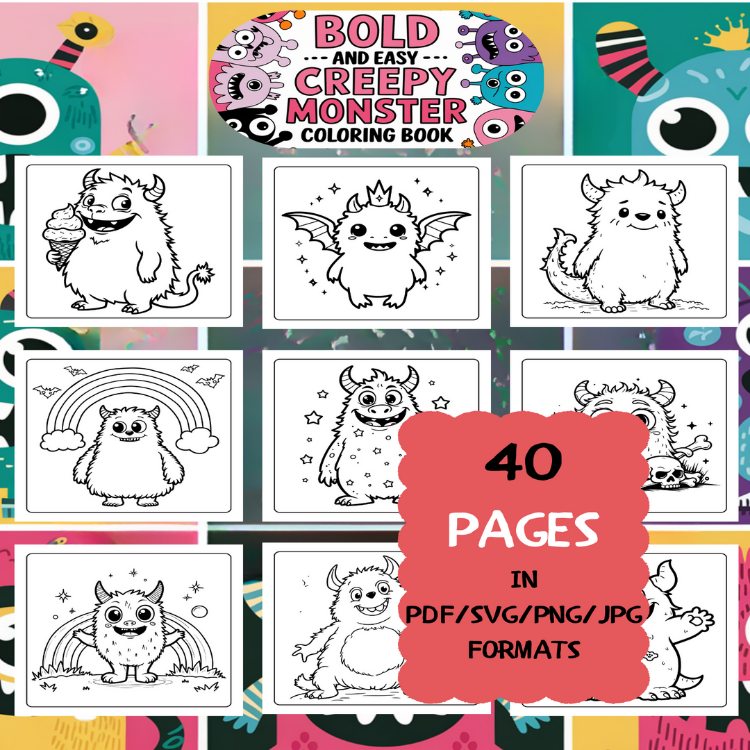 Creepy Monster Coloring Book | Printable Art Book ( 50 Pages, PDF SVG JPG PNG FORMATS)