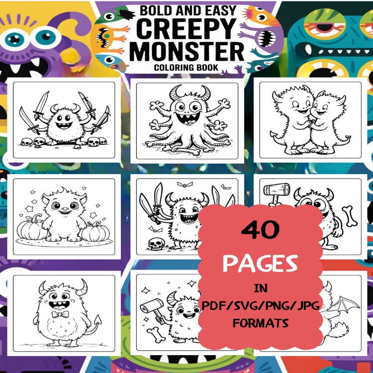 Creepy Monster Coloring Book | Printable Art Book ( 50 Pages, PDF SVG JPG PNG FORMATS)