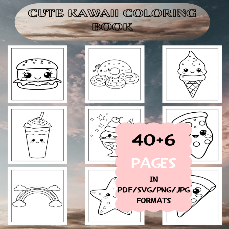 Cute Kawaii Coloring Book | Printable Art Book ( 46 Pages, PDF SVG JPG PNG FORMATS)