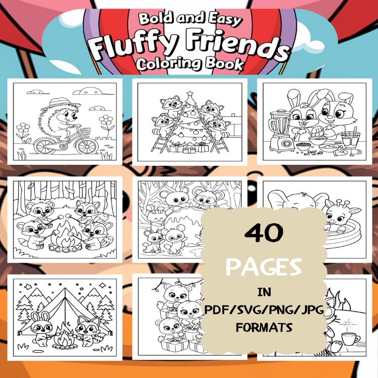 Fun Fluffy Friends Coloring Book | Printable Art Book ( 40 Pages, PDF SVG JPG PNG FORMATS)