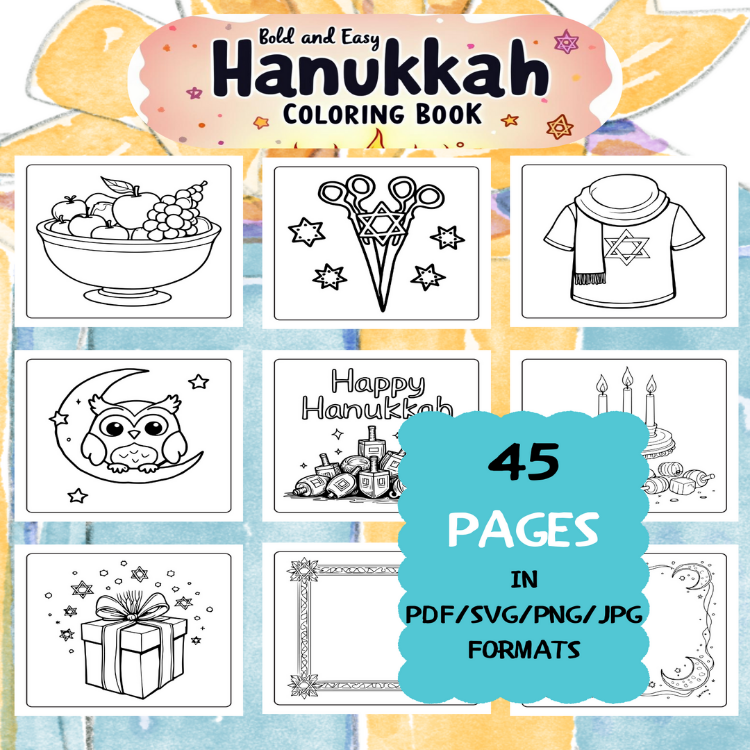 Hanukkah Coloring Book | Printable Art Book ( 45 Pages, PDF SVG JPG PNG FORMATS)