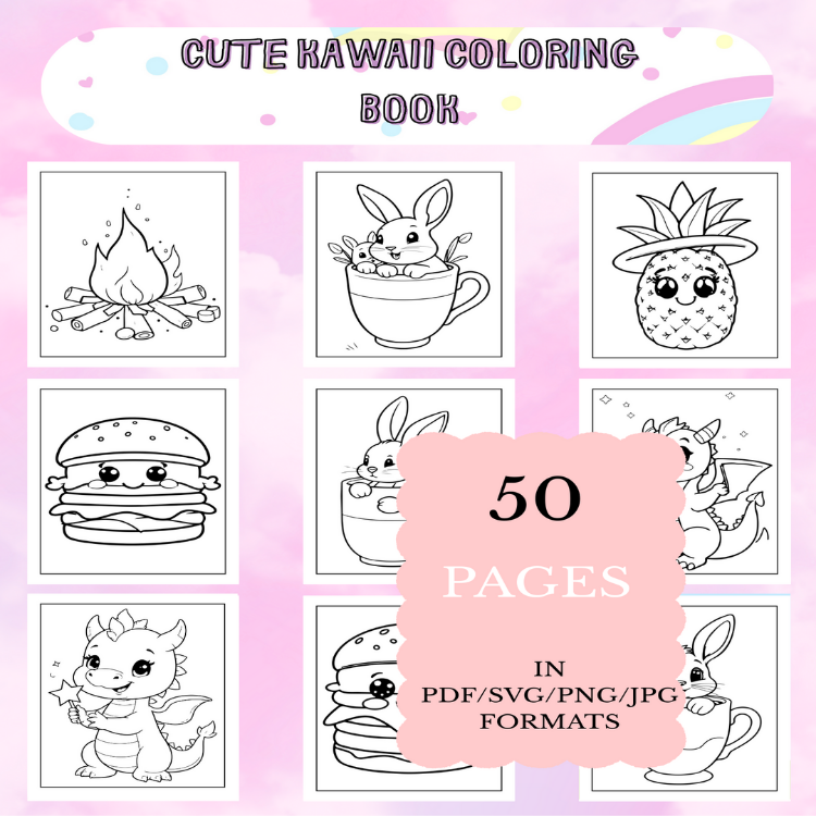 Cute Kawaii Coloring Book | Printable Art Book ( 50 Pages, PDF SVG JPG PNG FORMATS)