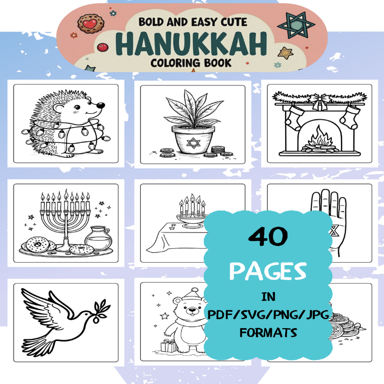 Hanukkah Coloring Book | Printable Art Book ( 40 Pages, PDF SVG JPG PNG FORMATS)