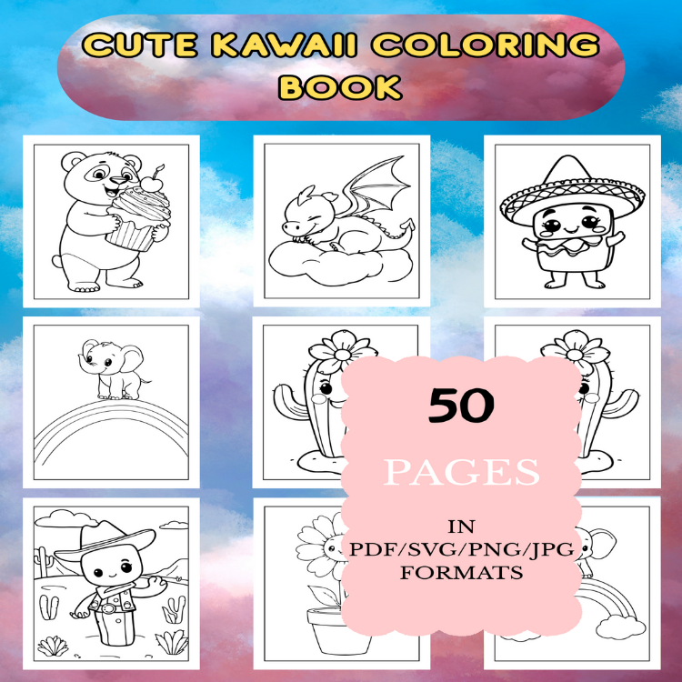 Cute Kawaii Coloring Book | Printable Art Book ( 50 Pages, PDF SVG JPG PNG FORMATS)