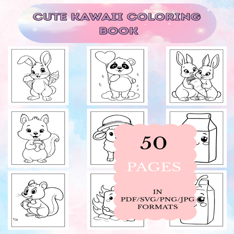 Cute Kawaii Coloring Book | Printable Art Book ( 50 Pages, PDF SVG JPG PNG FORMATS)