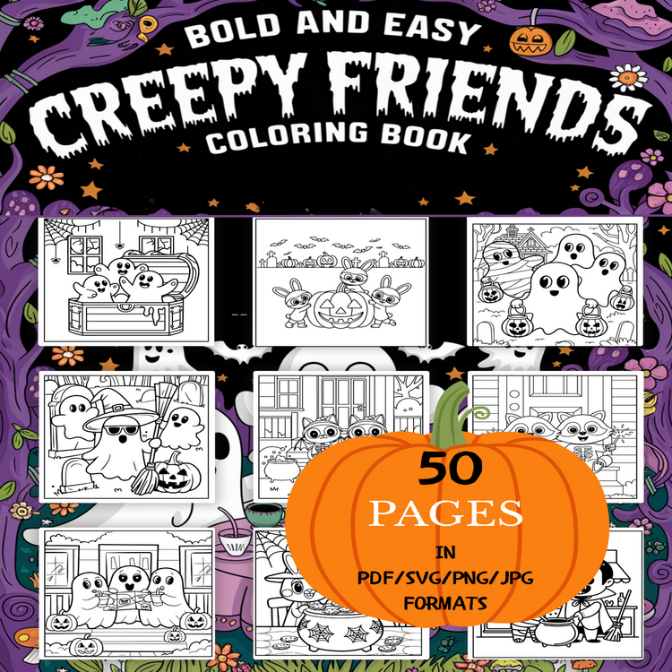 Creepy Friends Coloring Book | Printable Art Book ( 50 Pages, PDF SVG JPG PNG FORMATS)