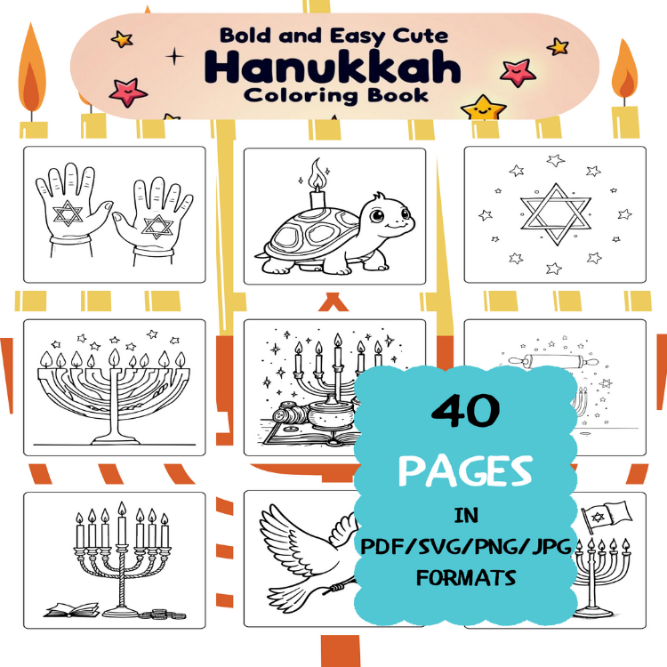 Hanukkah Coloring Book | Printable Art Book ( 40 Pages, PDF SVG JPG PNG FORMATS)