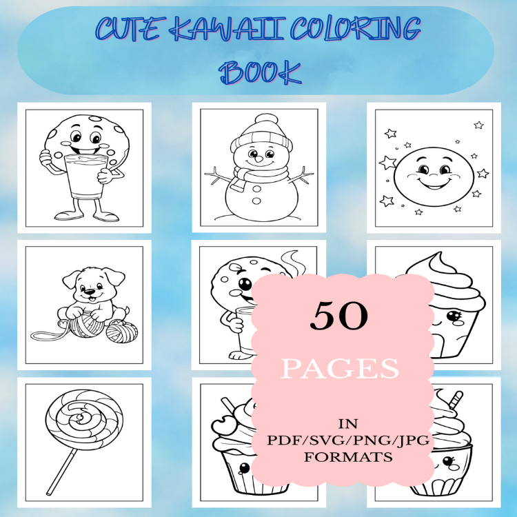 Cute Kawaii Coloring Book | Printable Art Book ( 50 Pages, PDF SVG JPG PNG FORMATS)