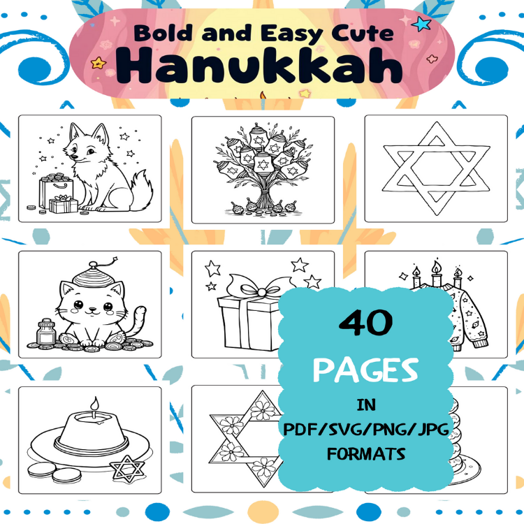 Hanukkah Coloring Book | Printable Art Book ( 40 Pages, PDF SVG JPG PNG FORMATS)