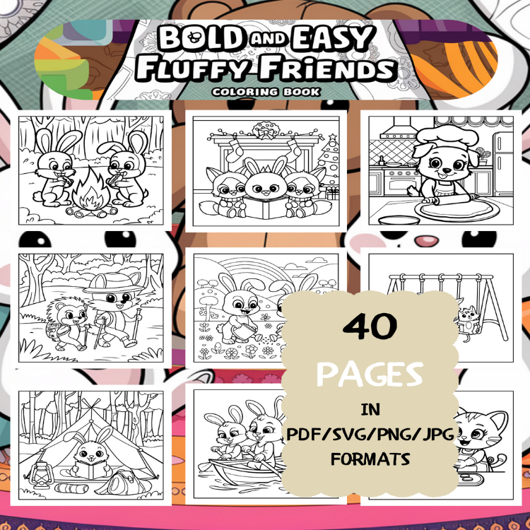 Fun Fluffy Friends Coloring Book | Printable Art Book ( 40 Pages, PDF SVG JPG PNG FORMATS)