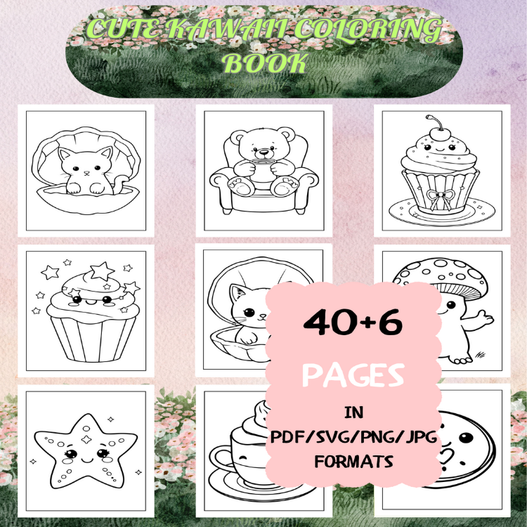 Cute Kawaii Coloring Book | Printable Art Book ( 46 Pages, PDF SVG JPG PNG FORMATS)