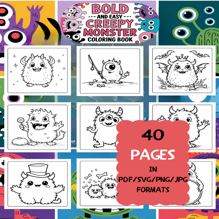 Creepy Monster Coloring Book | Printable Art Book ( 50 Pages, PDF SVG JPG PNG FORMATS)