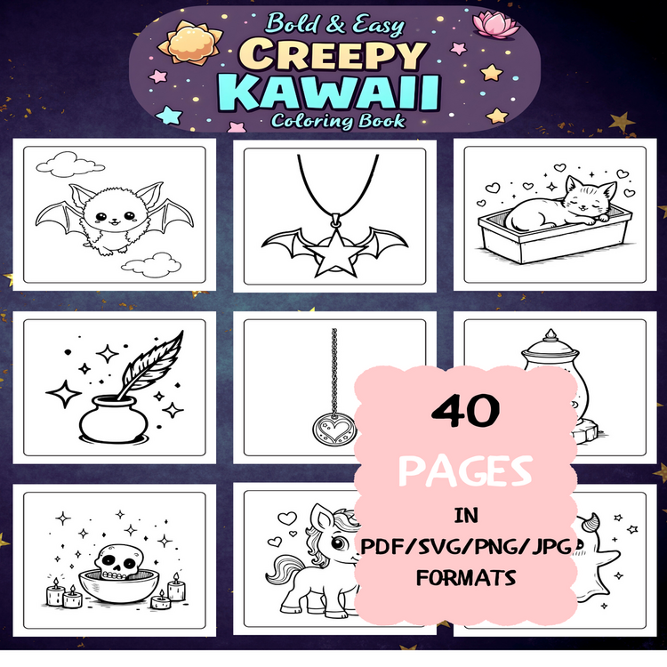 Creepy Kawaii Coloring Book | Printable Art Book ( 40 Pages, PDF SVG JPG PNG FORMATS)