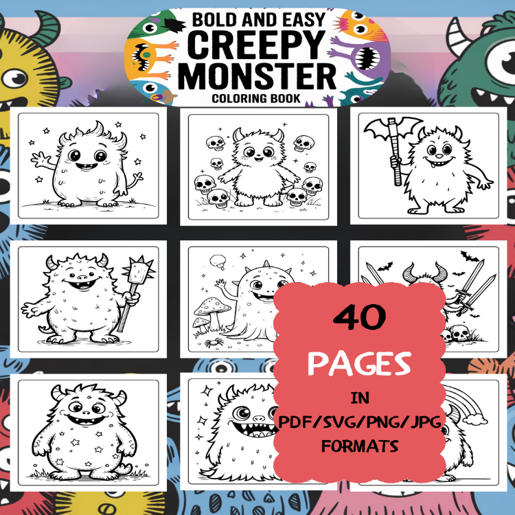 Creepy Monster Coloring Book | Printable Art Book ( 50 Pages, PDF SVG JPG PNG FORMATS)