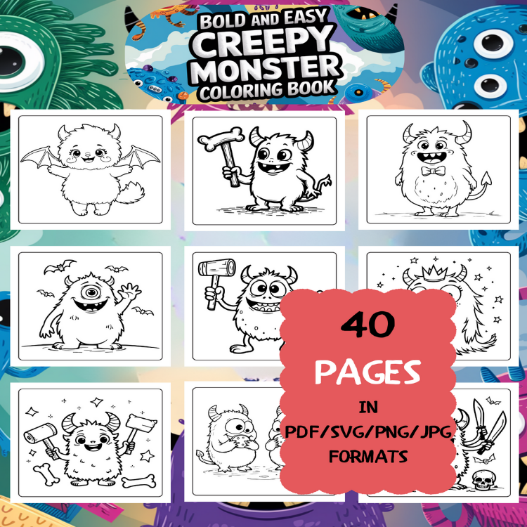 Creepy Monster Coloring Book | Printable Art Book ( 50 Pages, PDF SVG JPG PNG FORMATS)