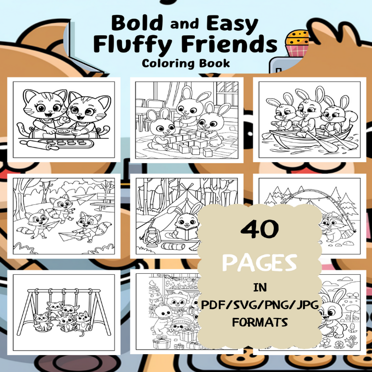 Fun Fluffy Friends Coloring Book | Printable Art Book ( 40 Pages, PDF SVG JPG PNG FORMATS)