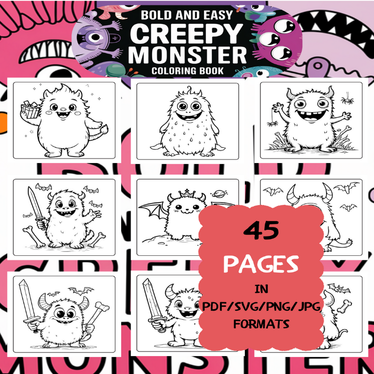 Creepy Monster Coloring Book | Printable Art Book ( 50 Pages, PDF SVG JPG PNG FORMATS)