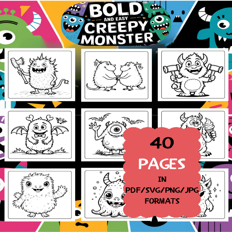 Creepy Monster Coloring Book | Printable Art Book ( 50 Pages, PDF SVG JPG PNG FORMATS)