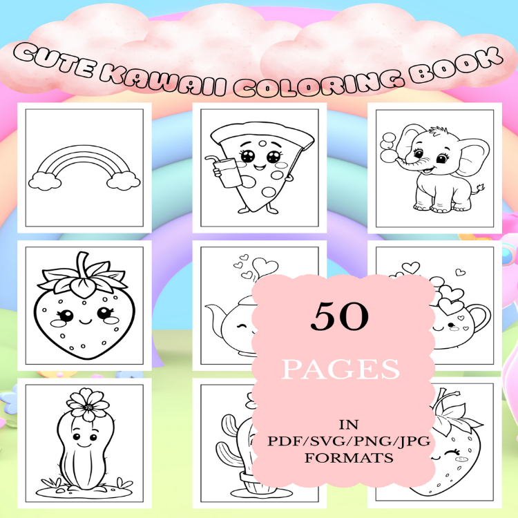 Cute Kawaii Coloring Book | Printable Art Book ( 50 Pages, PDF SVG JPG PNG FORMATS)
