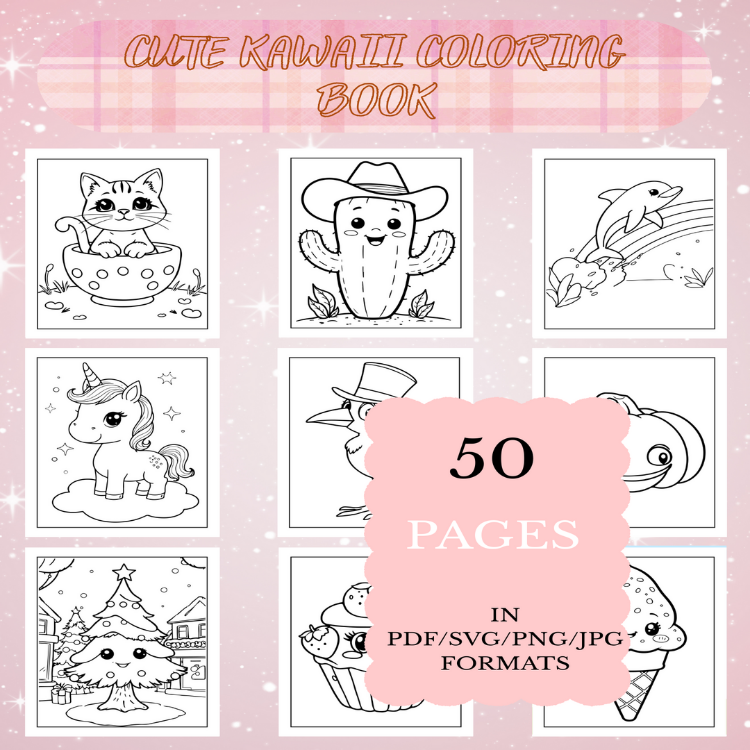 Cute Kawaii Coloring Book | Printable Art Book ( 50 Pages, PDF SVG JPG PNG FORMATS)