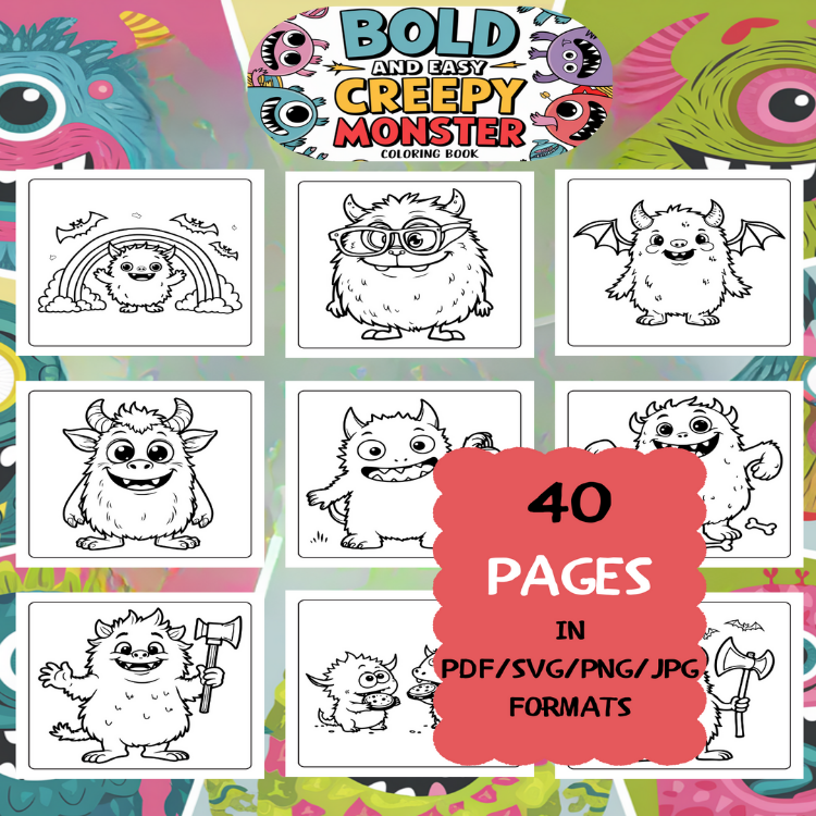 Creepy Monster Coloring Book | Printable Art Book ( 50 Pages, PDF SVG JPG PNG FORMATS)