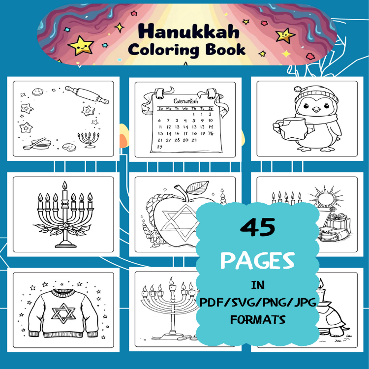 Hanukkah Coloring Book | Printable Art Book ( 45 Pages, PDF SVG JPG PNG FORMATS)