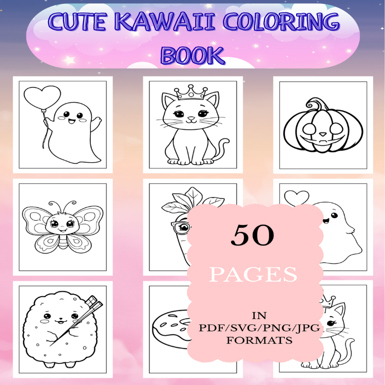 Cute Kawaii Coloring Book | Printable Art Book ( 50 Pages, PDF SVG JPG PNG FORMATS)