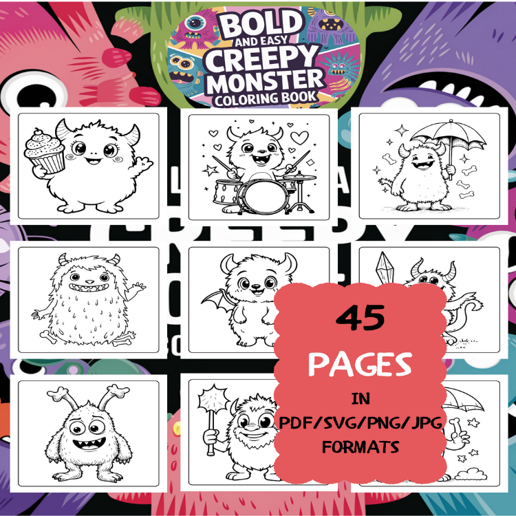 Creepy Monster Coloring Book | Printable Art Book ( 50 Pages, PDF SVG JPG PNG FORMATS)
